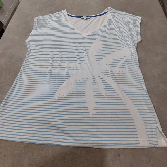 mySTYLE Women's Blue/White Stripe w/Palm Tree Print Cap Sleeves Top - Large - Picture 2 of 10